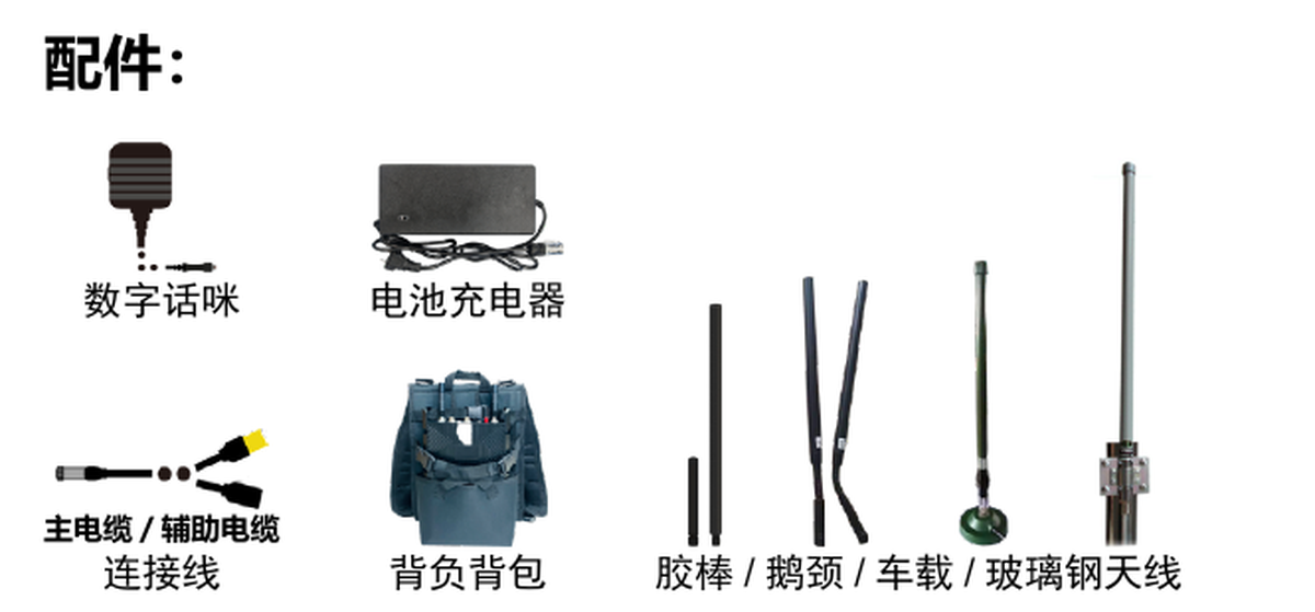 背负配件：数字话咪、电池充电器、主电缆、辅助电缆、背负背包、胶棒、鹅颈、车载和玻璃钢天线